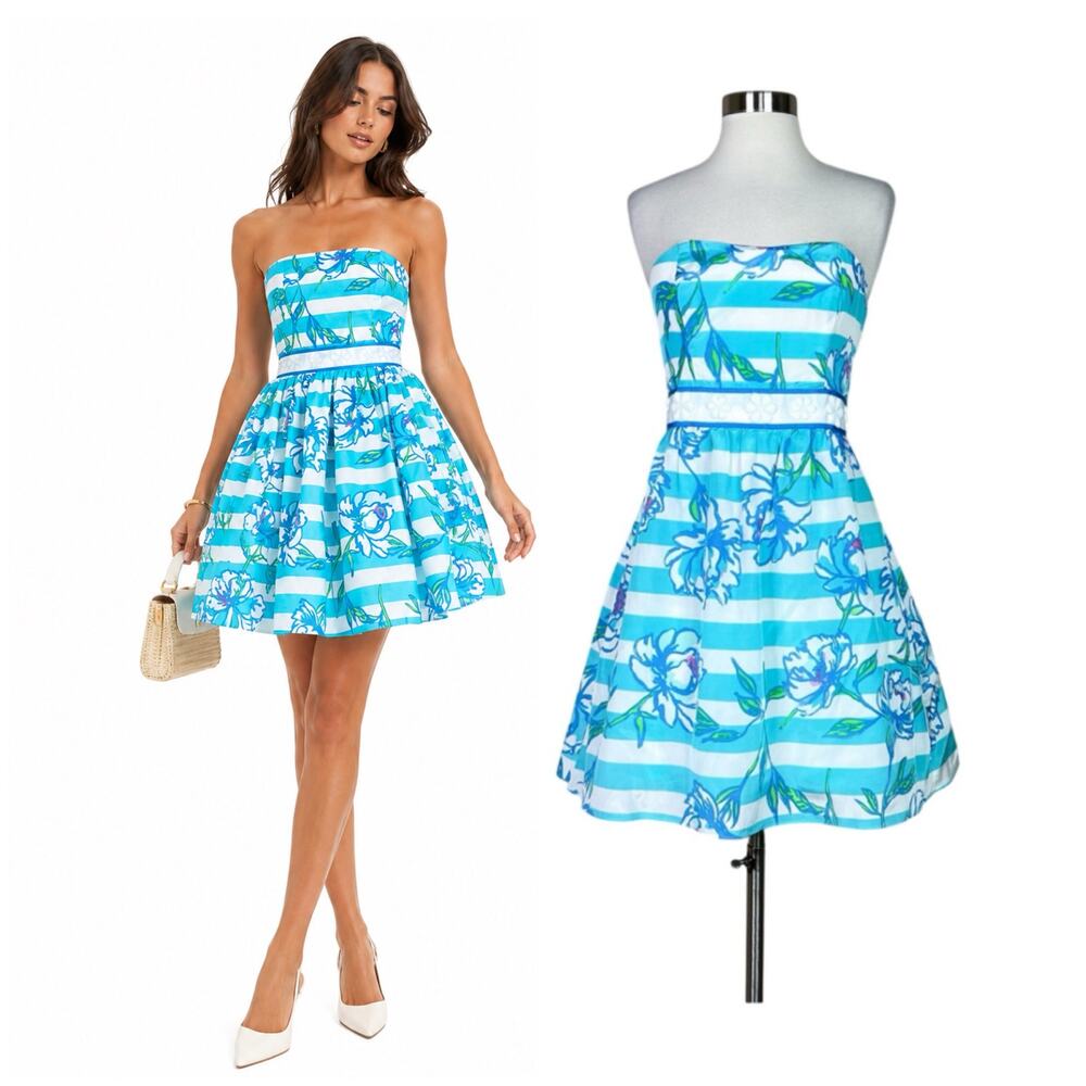 Lilly Pulitzer | Silk Langley Shorely Blue White Striped Strapless Mini Dress 2